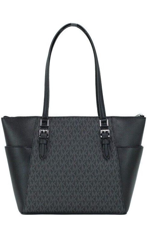 Bolso de mano grande con cremallera superior de piel de PVC negra Charlotte de Michael Kors