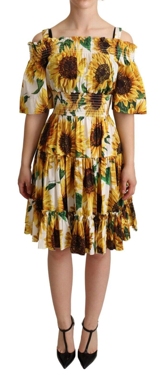 Vestido elegante con hombros descubiertos y estampado de girasoles de Dolce &amp; Gabbana