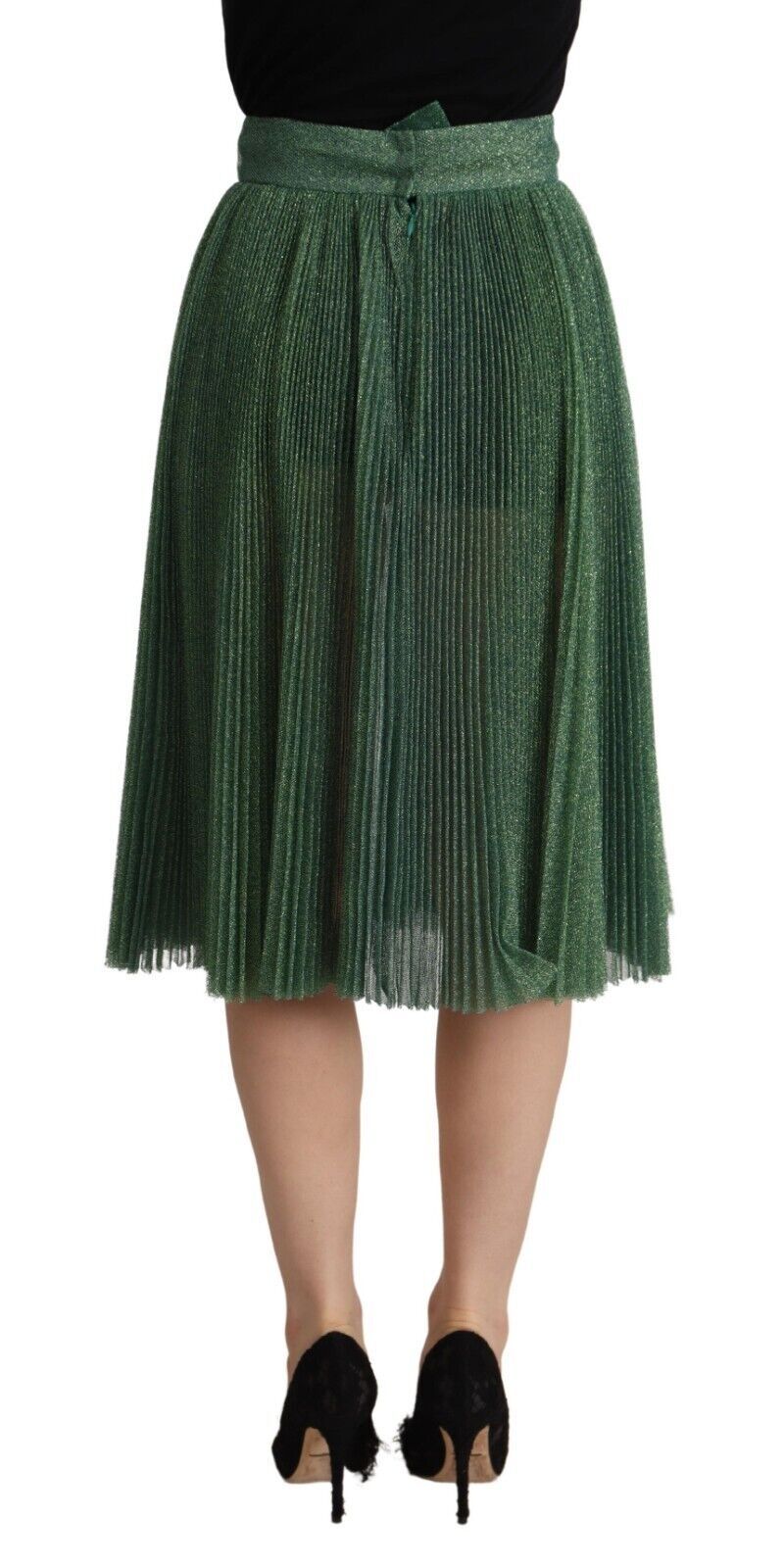 Dolce & Gabbana Metallic Green Pleated A-Line Midi Skirt