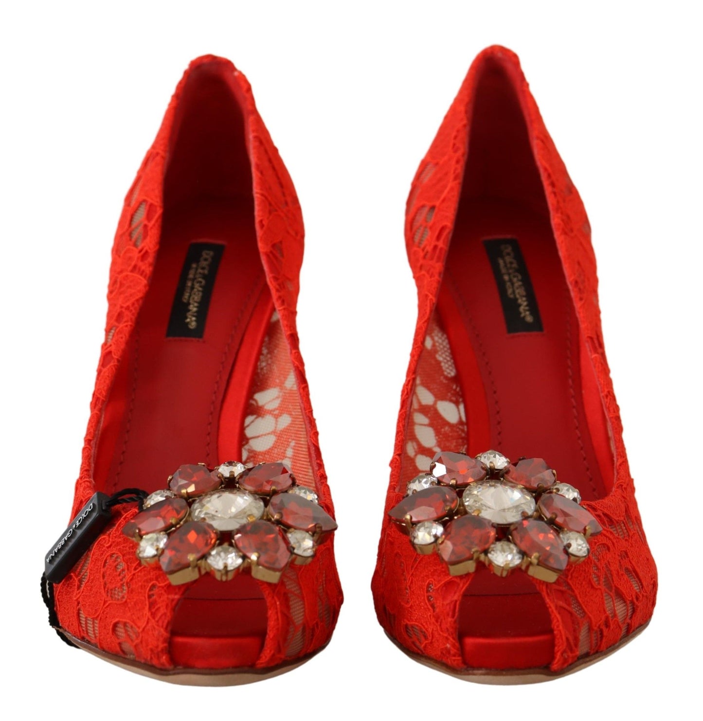 Zapatos de tacón con encaje Taormina y cristales rojos de Dolce &amp; Gabbana