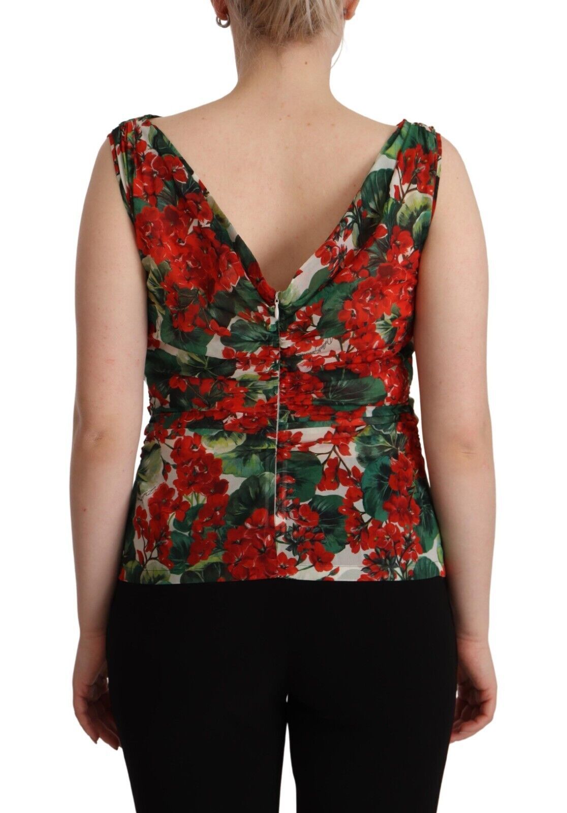 Elegante top de tirantes de seda con estampado de geranios y escote en V de Dolce &amp; Gabbana