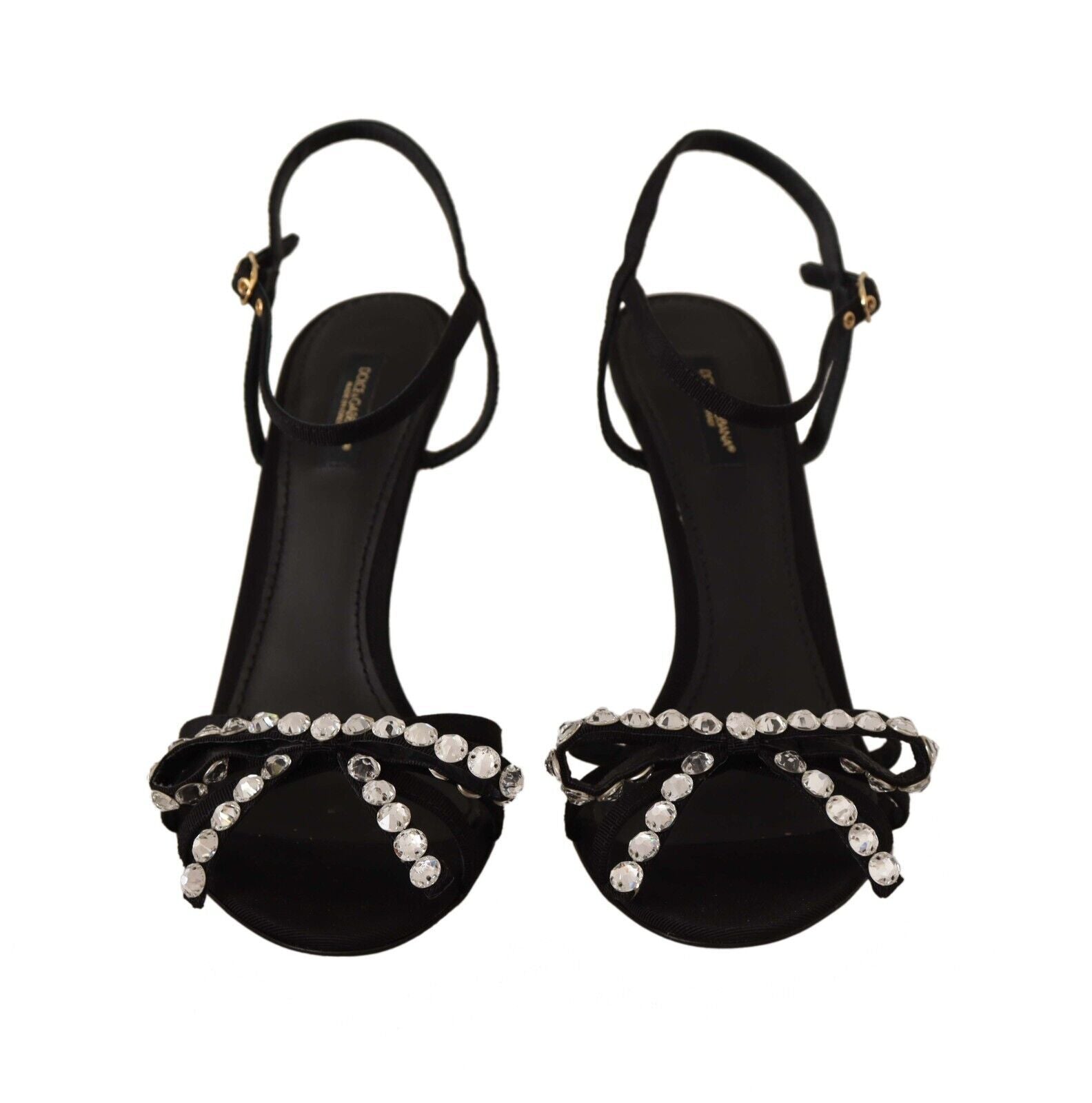 Sandalias elegantes de viscosa negra con tiras en el tobillo y cristales de Dolce &amp; Gabbana