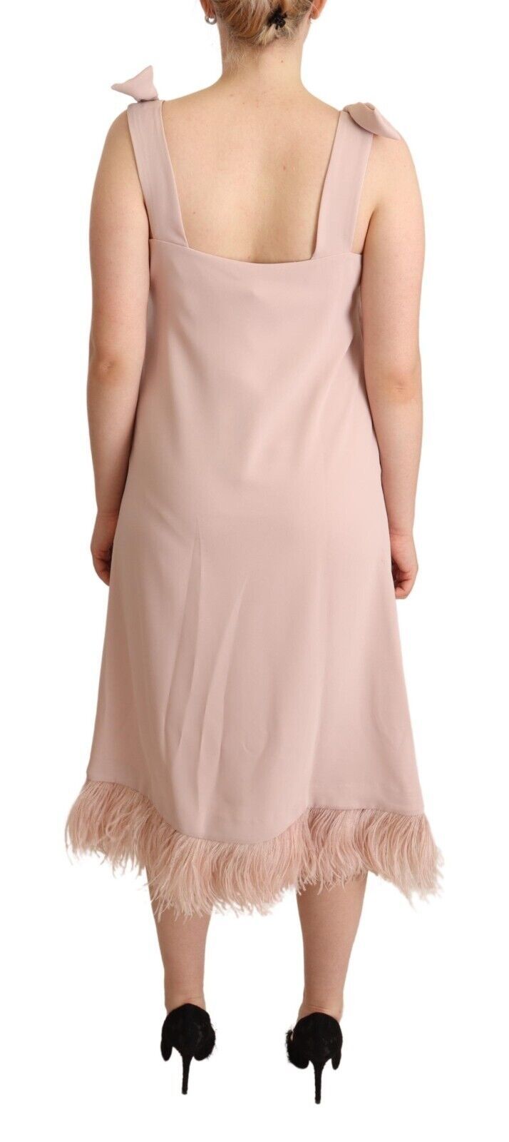 PAROSH Vestido midi elegante sin mangas con ribete de plumas