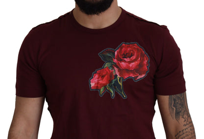 Camiseta elegante de cuello redondo con motivo de rosas burdeos de Dolce &amp; Gabbana