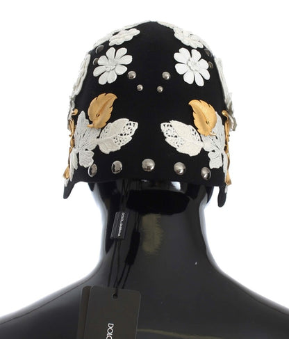 Elegante sombrero cloche de lana con estampado floral negro de Dolce &amp; Gabbana