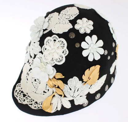 Elegante sombrero cloche de lana con estampado floral negro de Dolce &amp; Gabbana