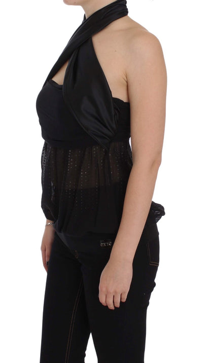 Blusa cruzada elegante de noche negra Exte