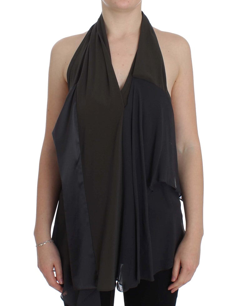 CORA GROPPO Elegante blusa con cuello halter en gris y azul