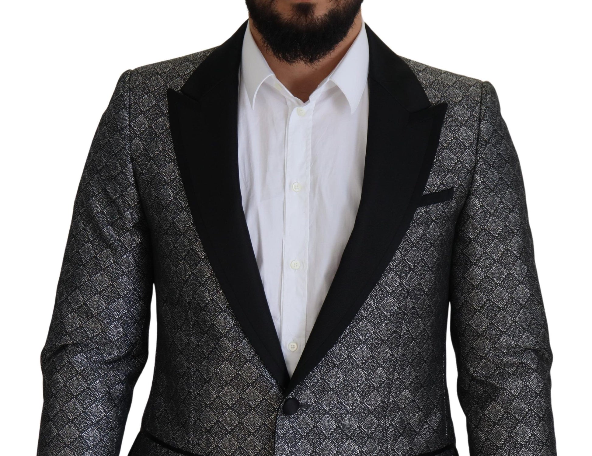 Traje elegante de corte entallado con estampado plateado de Dolce &amp; Gabbana