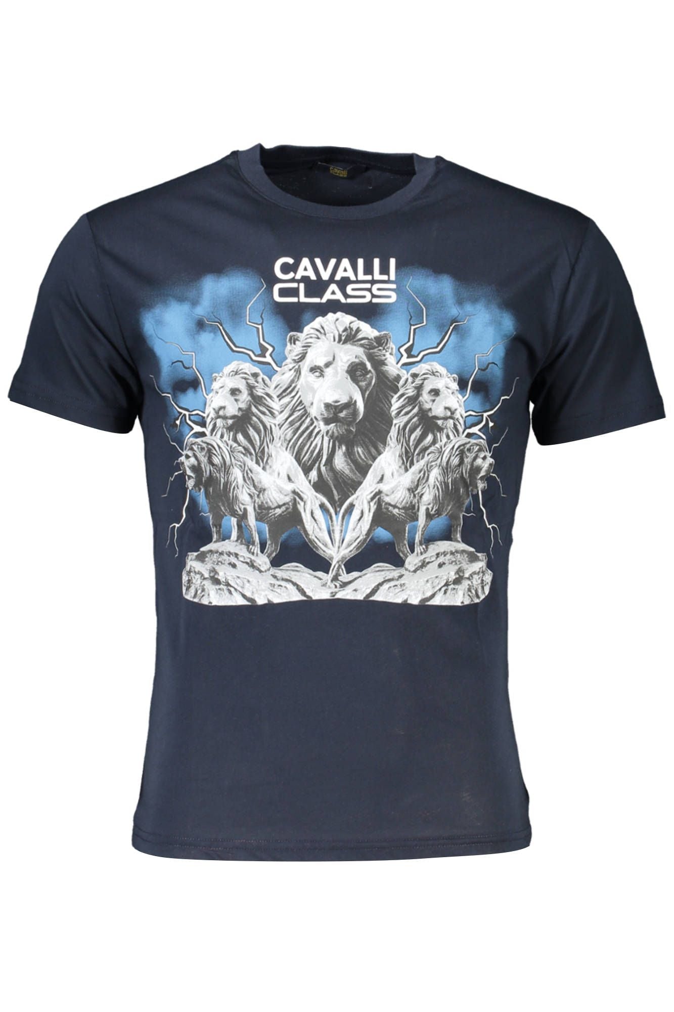 Camiseta elegante de cuello redondo azul con estampado de logotipo Cavalli Class