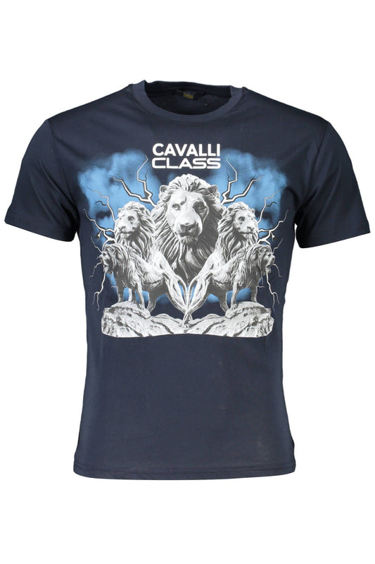 Camiseta elegante de cuello redondo azul con estampado de logotipo Cavalli Class