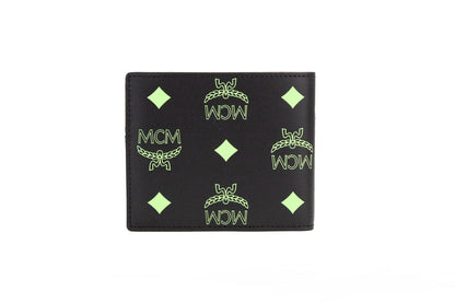 Cartera plegable pequeña de piel con logo monograma Visetos liso verde verano negro de MCM