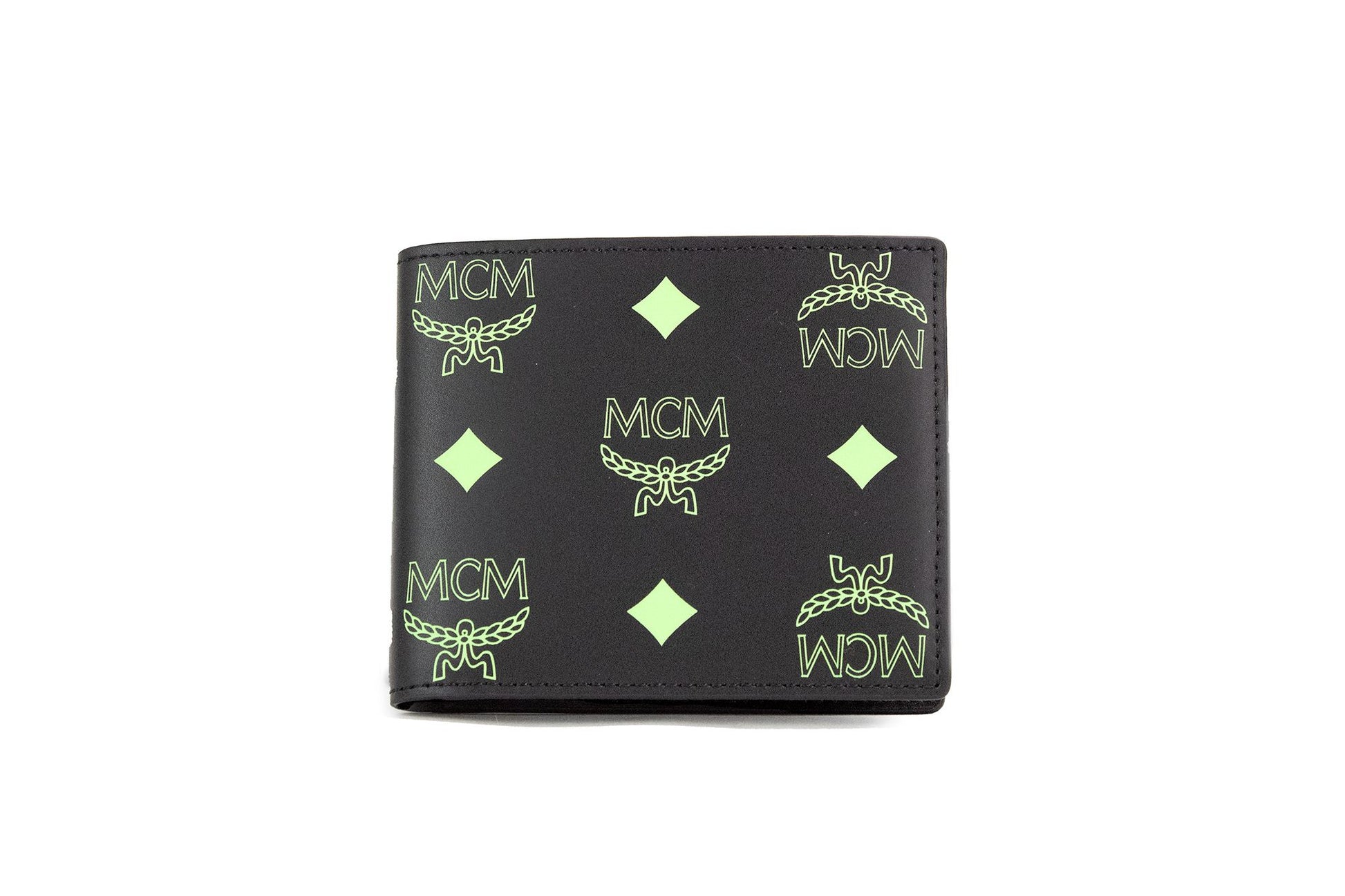 Cartera plegable pequeña de piel con logo monograma Visetos liso verde verano negro de MCM