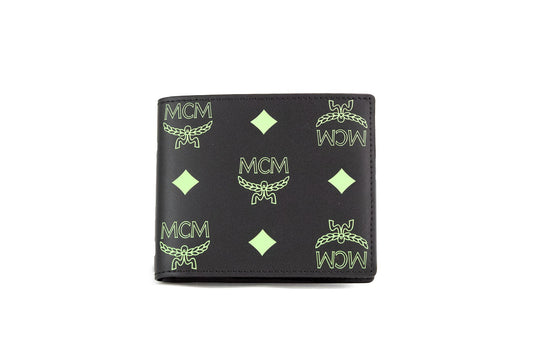 Cartera plegable pequeña de piel con logo monograma Visetos liso verde verano negro de MCM