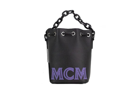 Mini bolso tipo cubo con cordón y cadena de cuero liso negro y morado