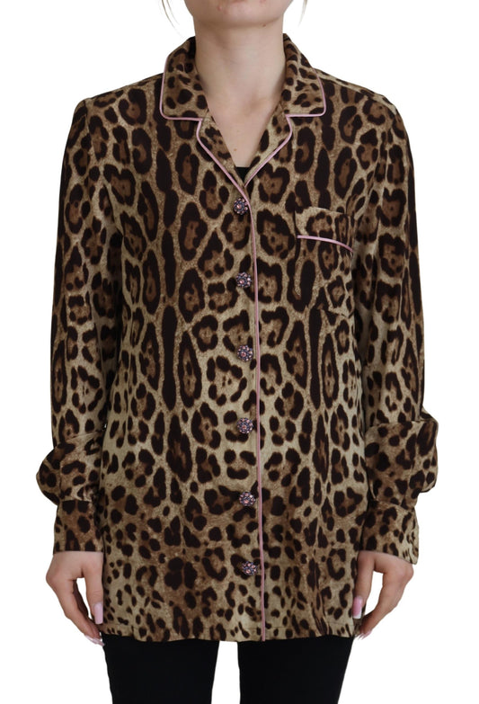 Blusa elegante con cuello y estampado de leopardo de seda de Dolce &amp; Gabbana