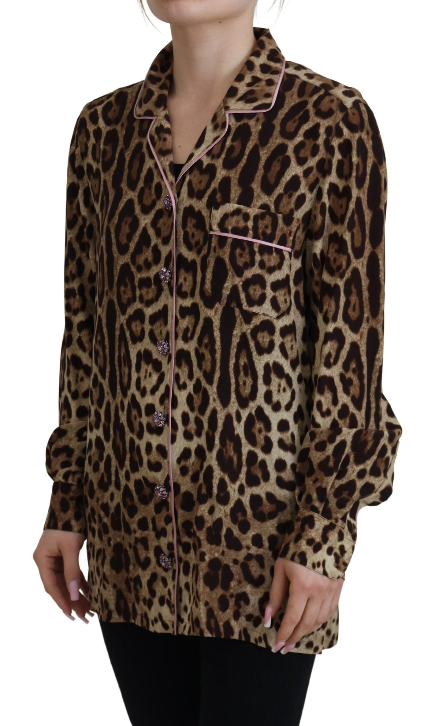 Blusa elegante con cuello y estampado de leopardo de seda de Dolce &amp; Gabbana