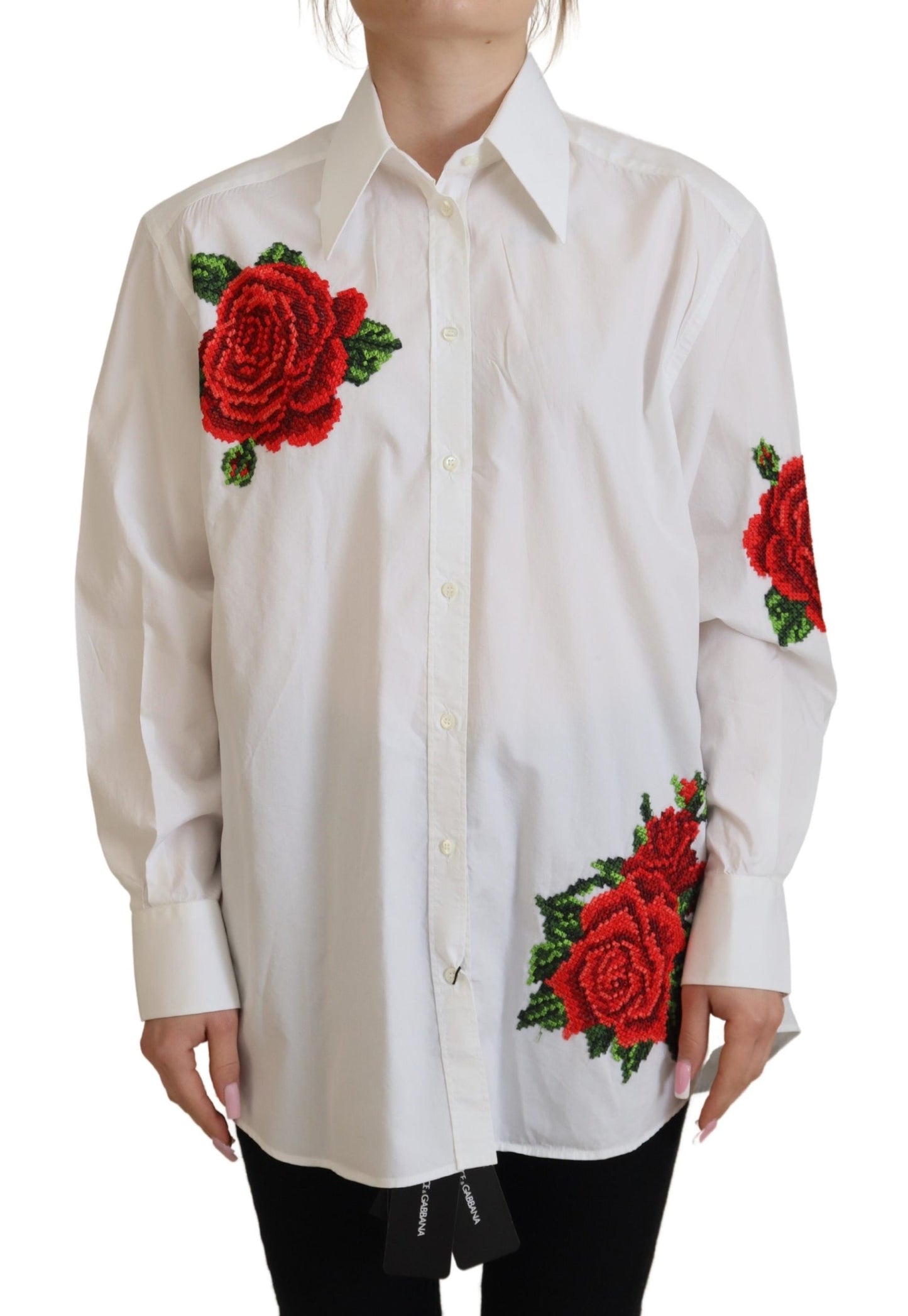 Camisa elegante de mezcla de seda con bordados florales de Dolce &amp; Gabbana