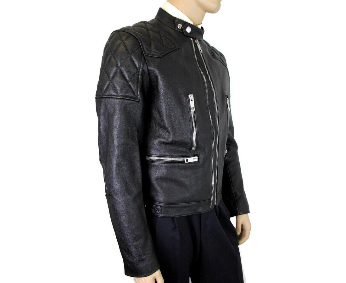 BurberryChaqueta biker acolchada con rombos de cuero negro de hombre