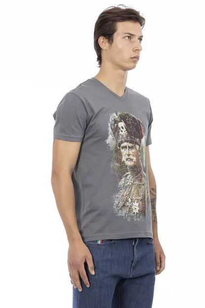 Camiseta de cuello en V para hombre de algodón gris Trussardi Action