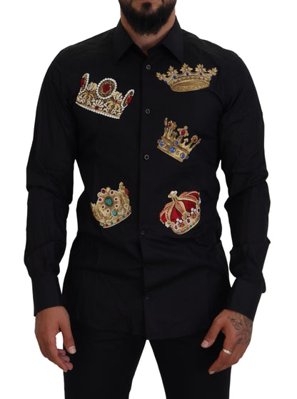 Dolce & Gabbana Elegant Black Slim Fit Dress Shirt with Crown Embroidery