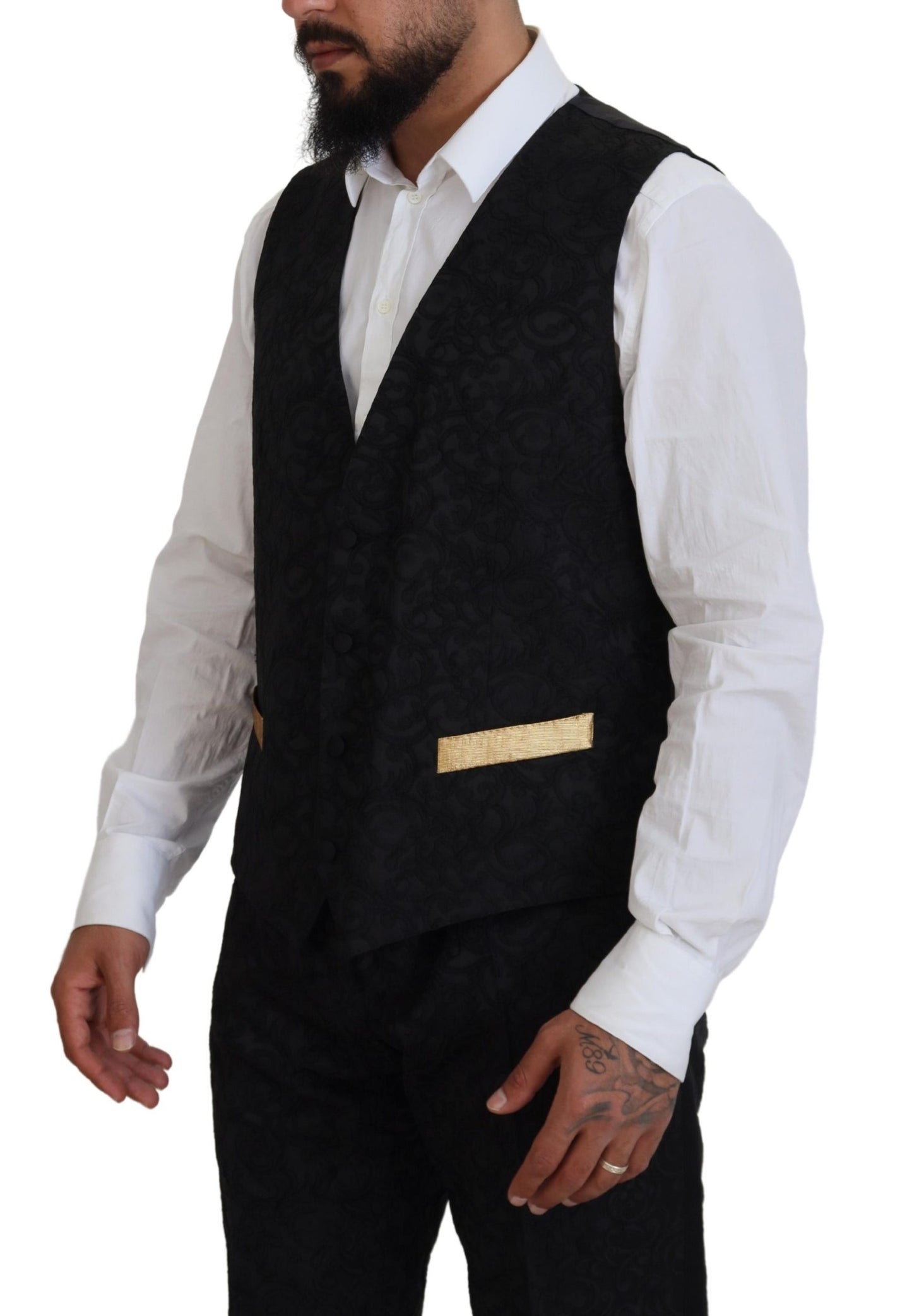 Traje elegante de tres piezas entallado en negro y dorado de Dolce &amp; Gabbana