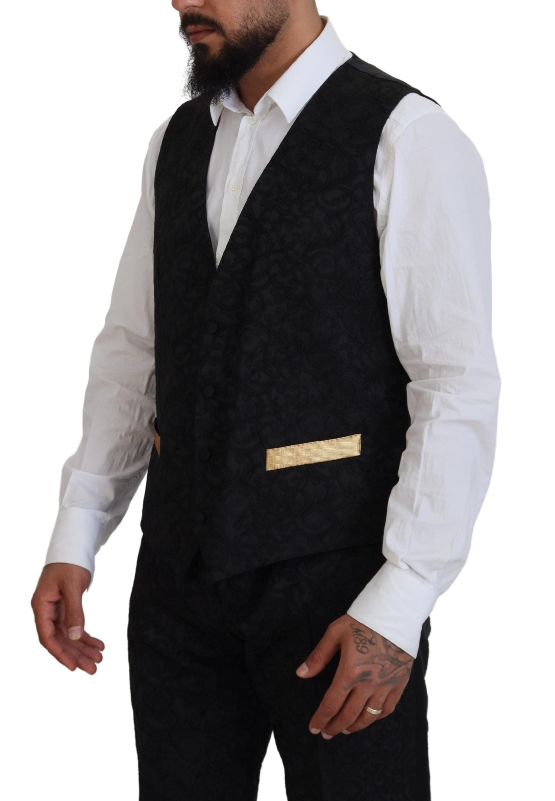 Traje elegante de tres piezas entallado en negro y dorado de Dolce &amp; Gabbana
