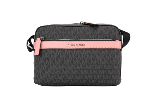 Bolso bandolera pequeño Cooper de PVC con firma en negro y rosa