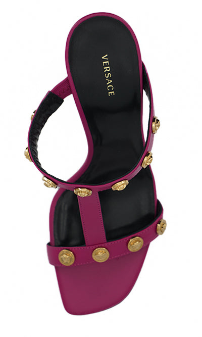 Sandalias altas elegantes de piel de becerro morada de Versace