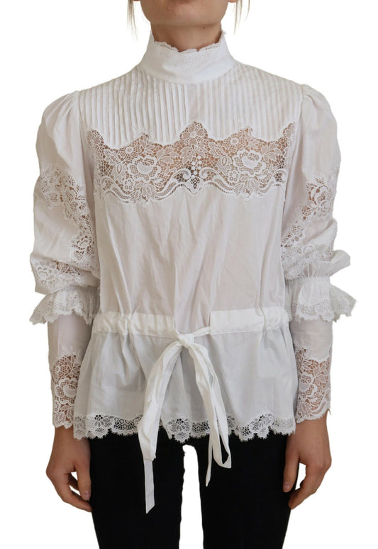 Blusa elegante de algodón con ribete de encaje blanco de Dolce &amp; Gabbana