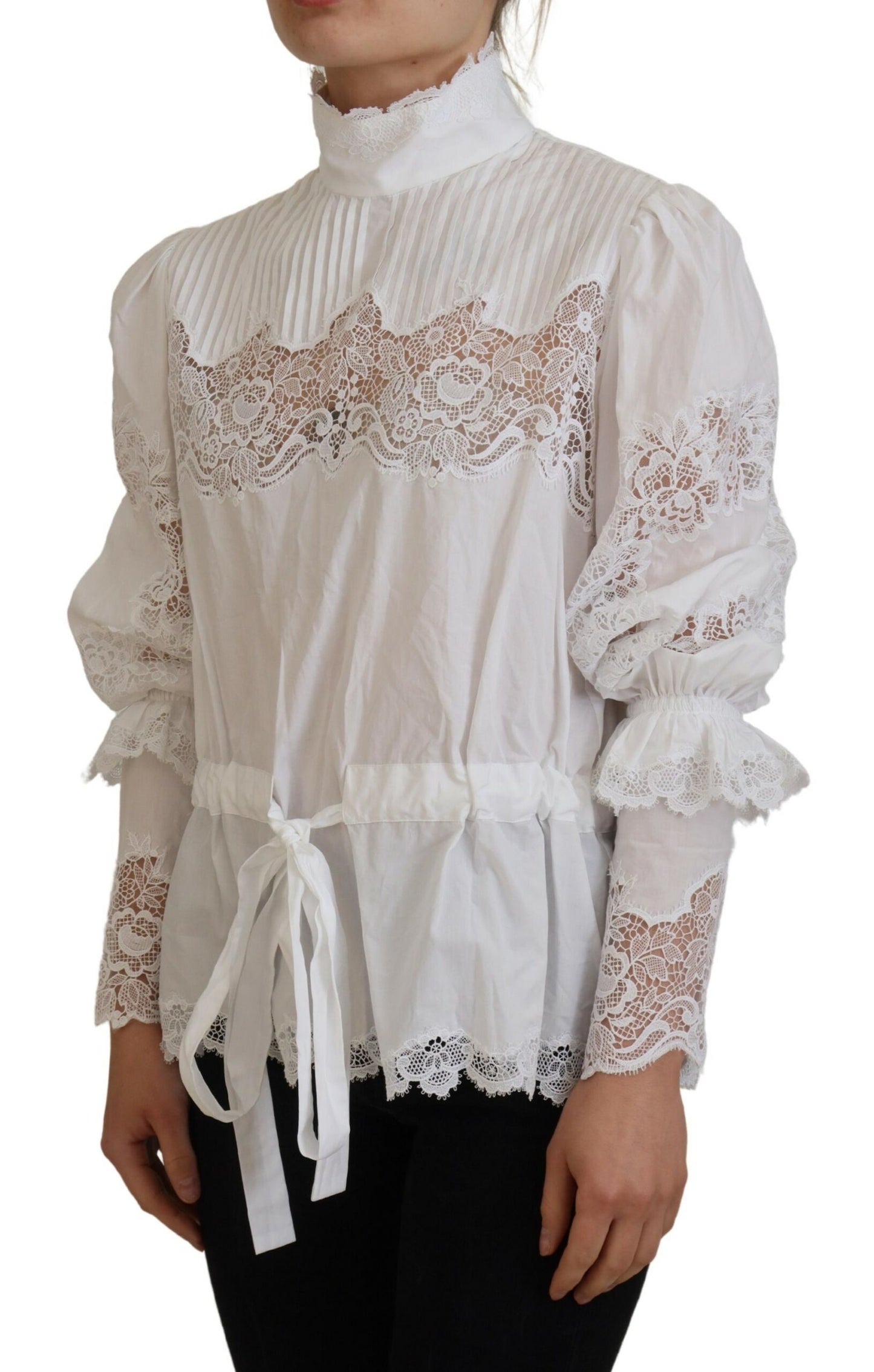 Blusa elegante de algodón con ribete de encaje blanco de Dolce &amp; Gabbana