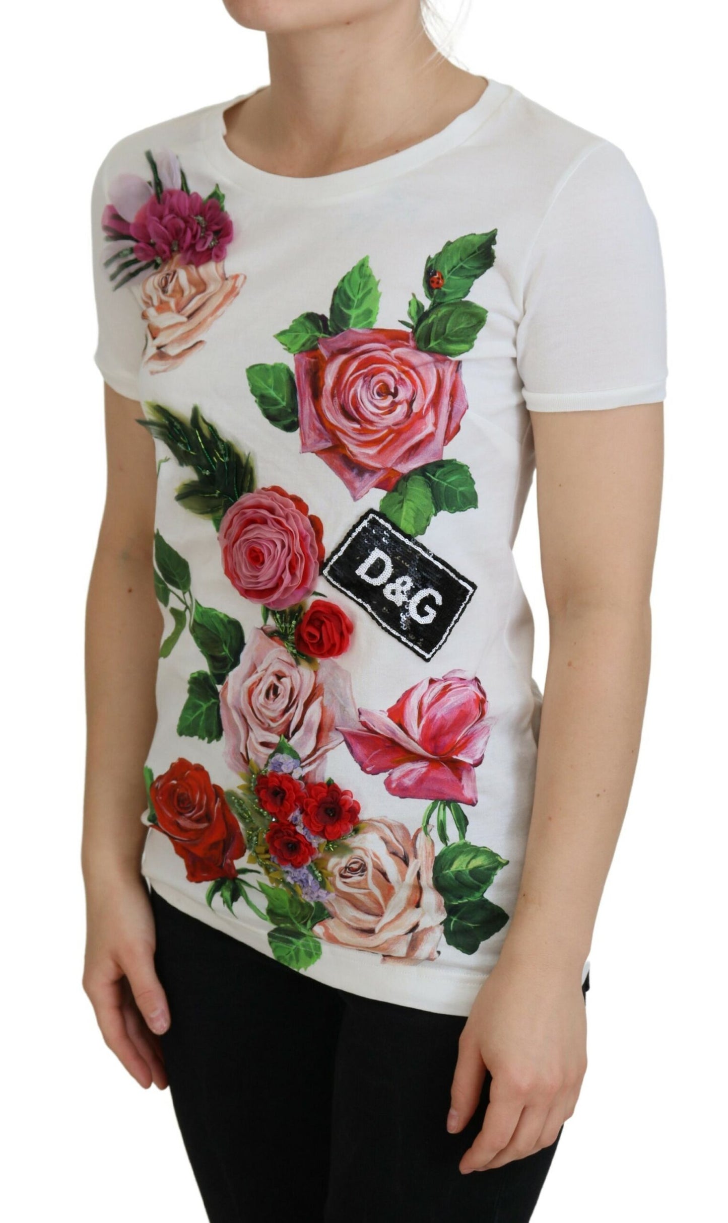 Camiseta elegante de algodón con estampado de rosas multicolor de Dolce &amp; Gabbana