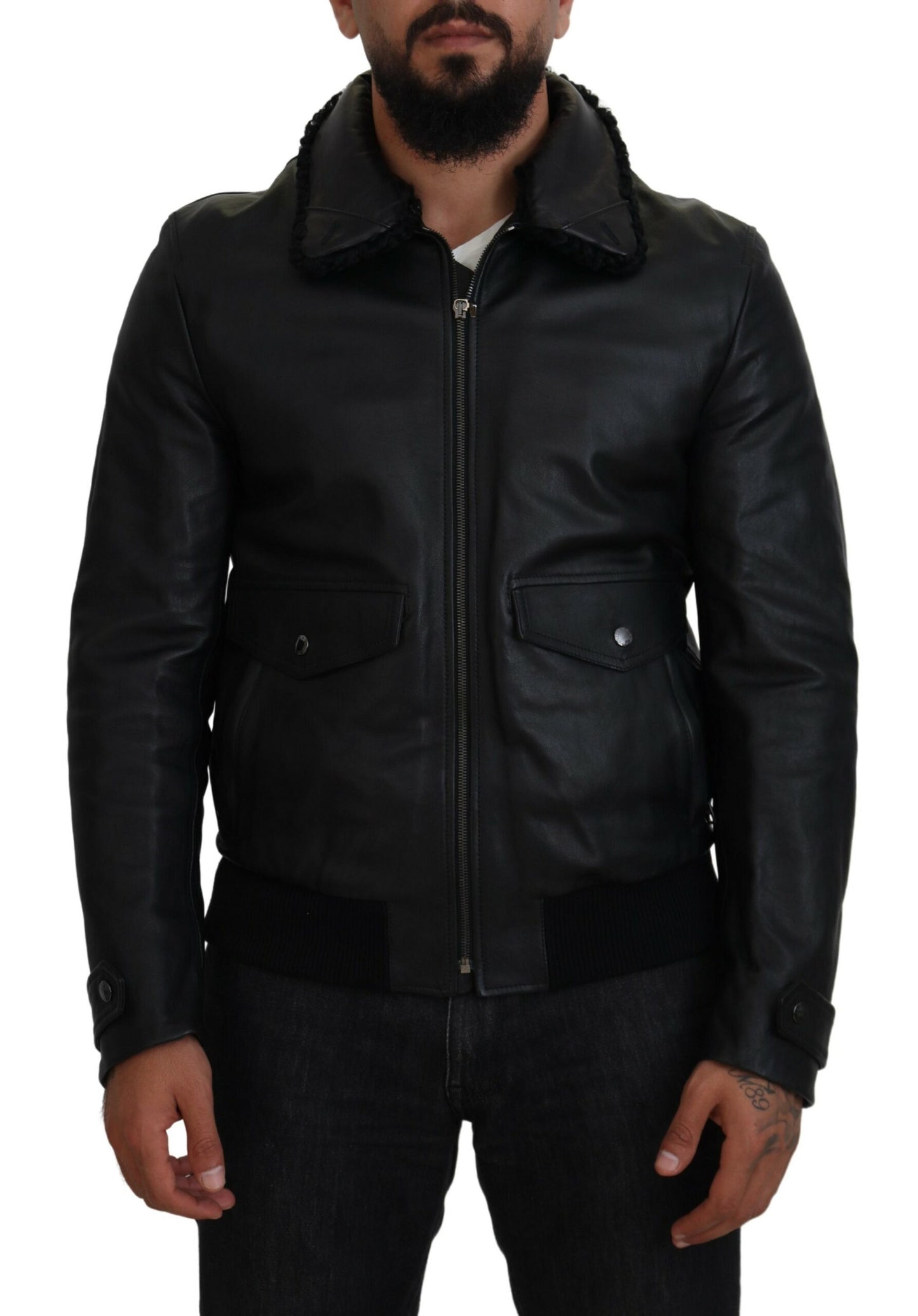 Chaqueta elegante de cuero negro con forro de seda de Dolce &amp; Gabbana