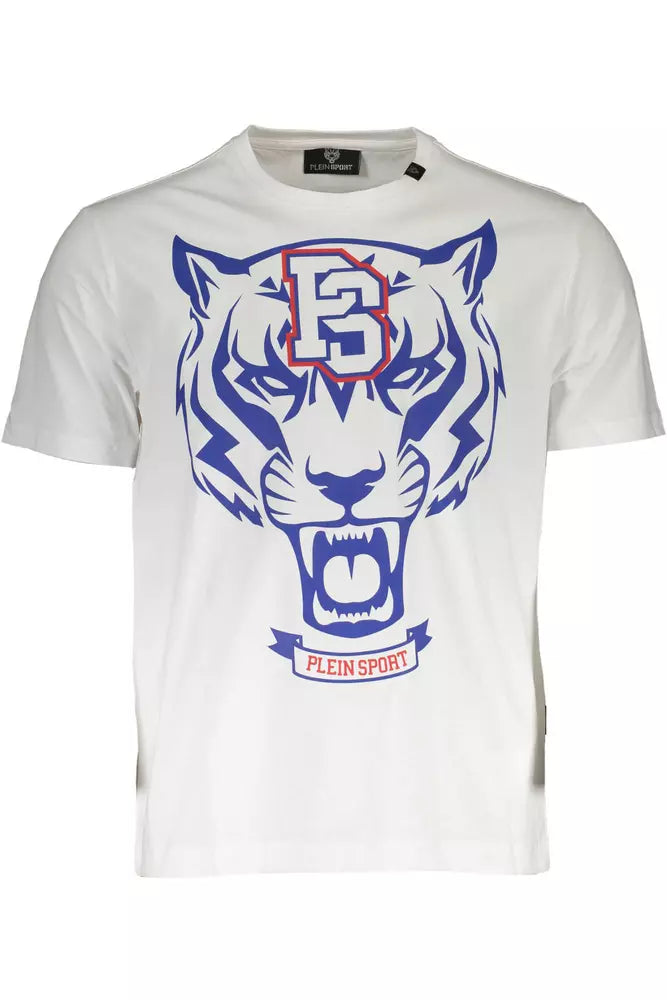 Camiseta de cuello redondo de algodón blanco nítido con estampado llamativo de Plein Sport