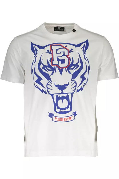 Camiseta de cuello redondo de algodón blanco nítido con estampado llamativo de Plein Sport