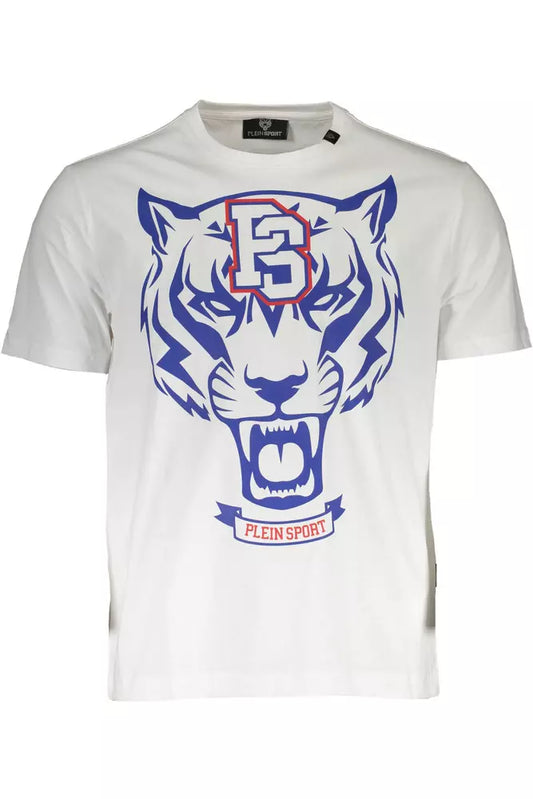 Camiseta de cuello redondo de algodón blanco nítido con estampado llamativo de Plein Sport