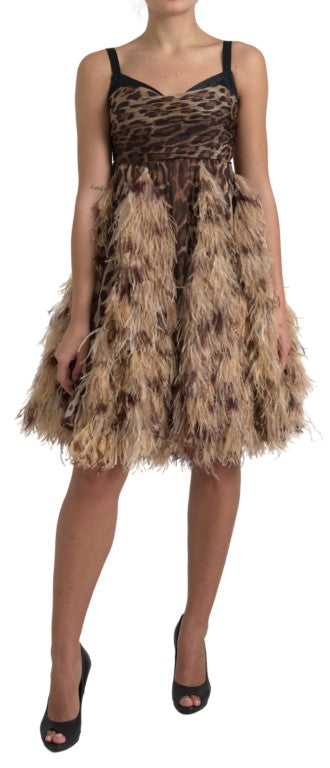 Vestido sin mangas de gasa con estampado de leopardo y plumas de avestruz de Dolce & Gabbana
