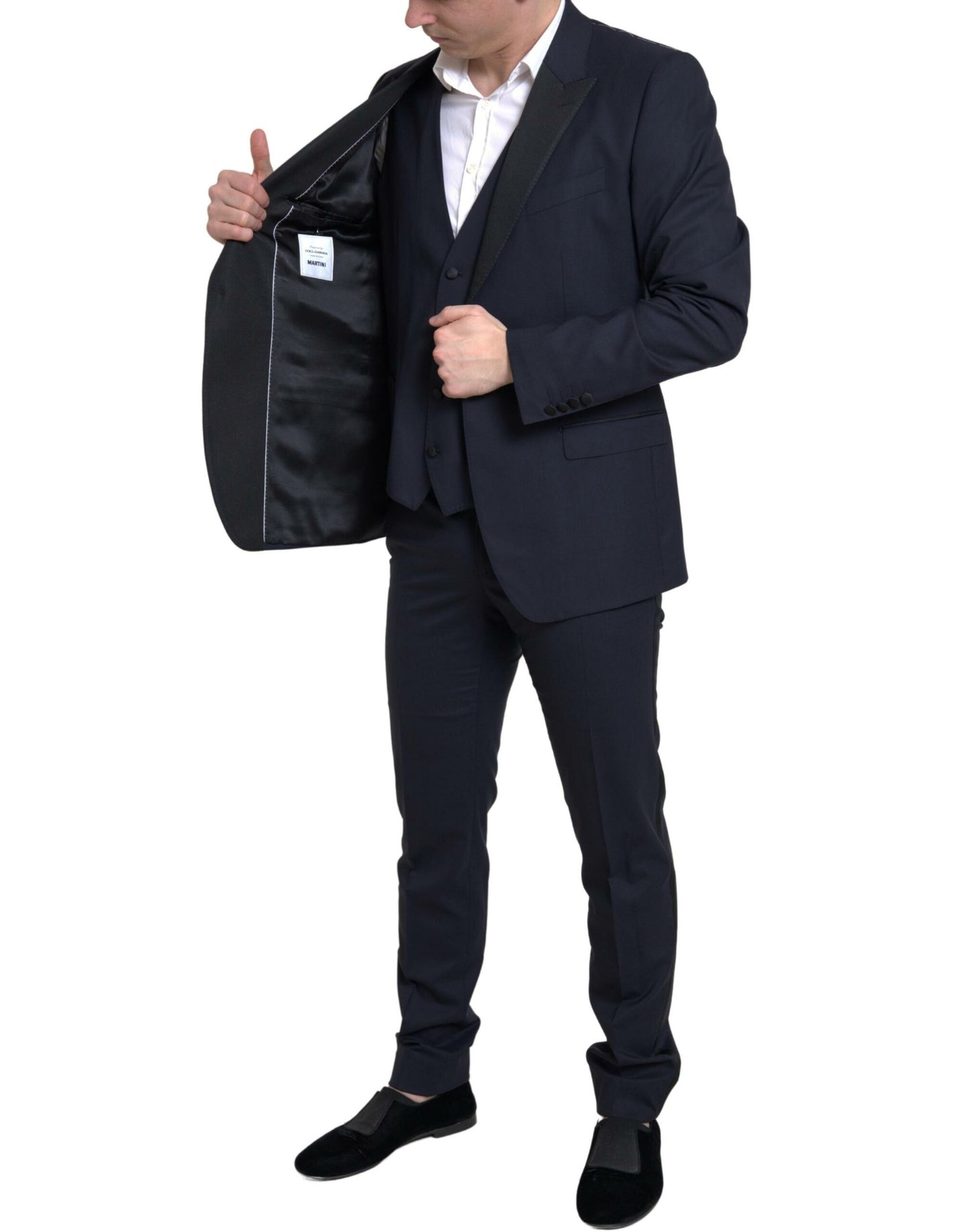 Elegante traje ajustado azul y negro de Dolce &amp; Gabbana con diseño de martini