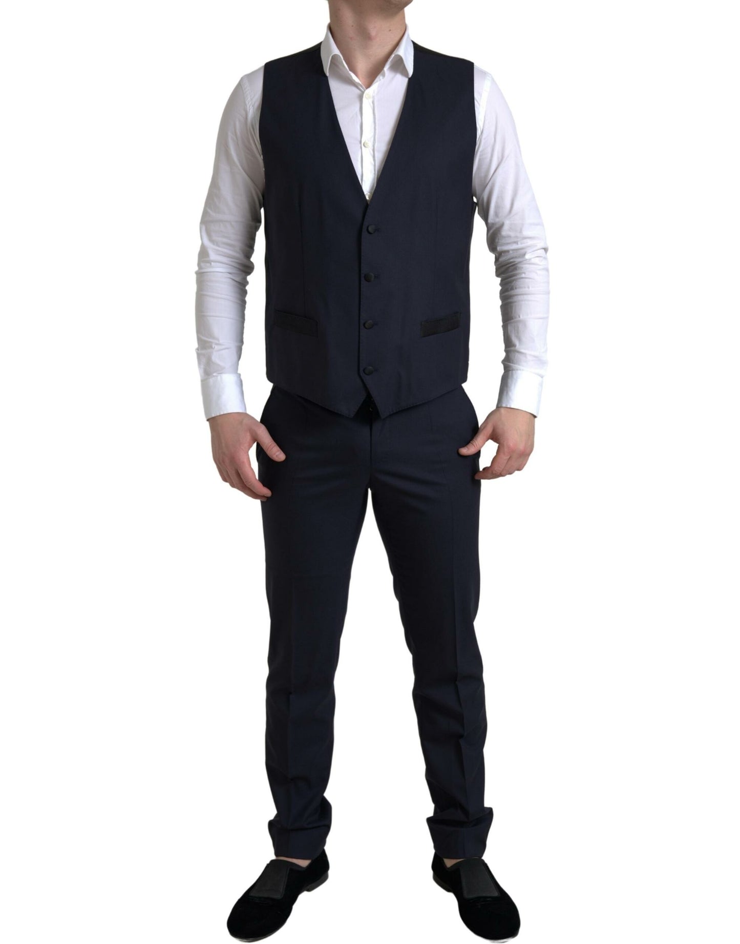 Elegante traje ajustado azul y negro de Dolce &amp; Gabbana con diseño de martini