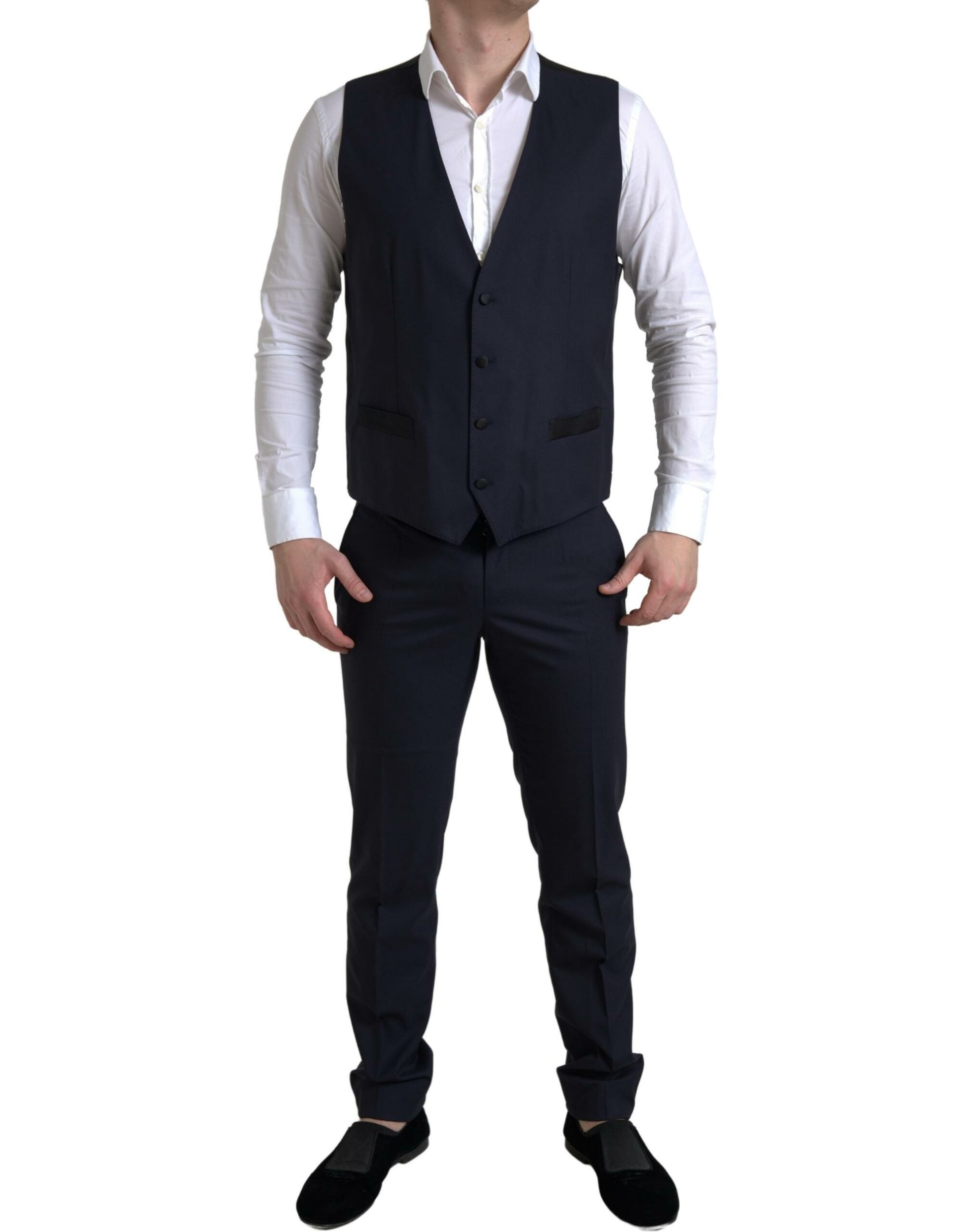Elegante traje ajustado azul y negro de Dolce &amp; Gabbana con diseño de martini