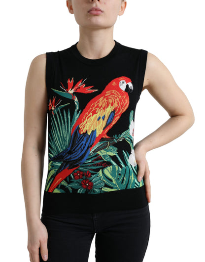 Elegante camiseta de tirantes de seda y lana con cuello redondo y bordado de pájaros de Dolce &amp; Gabbana