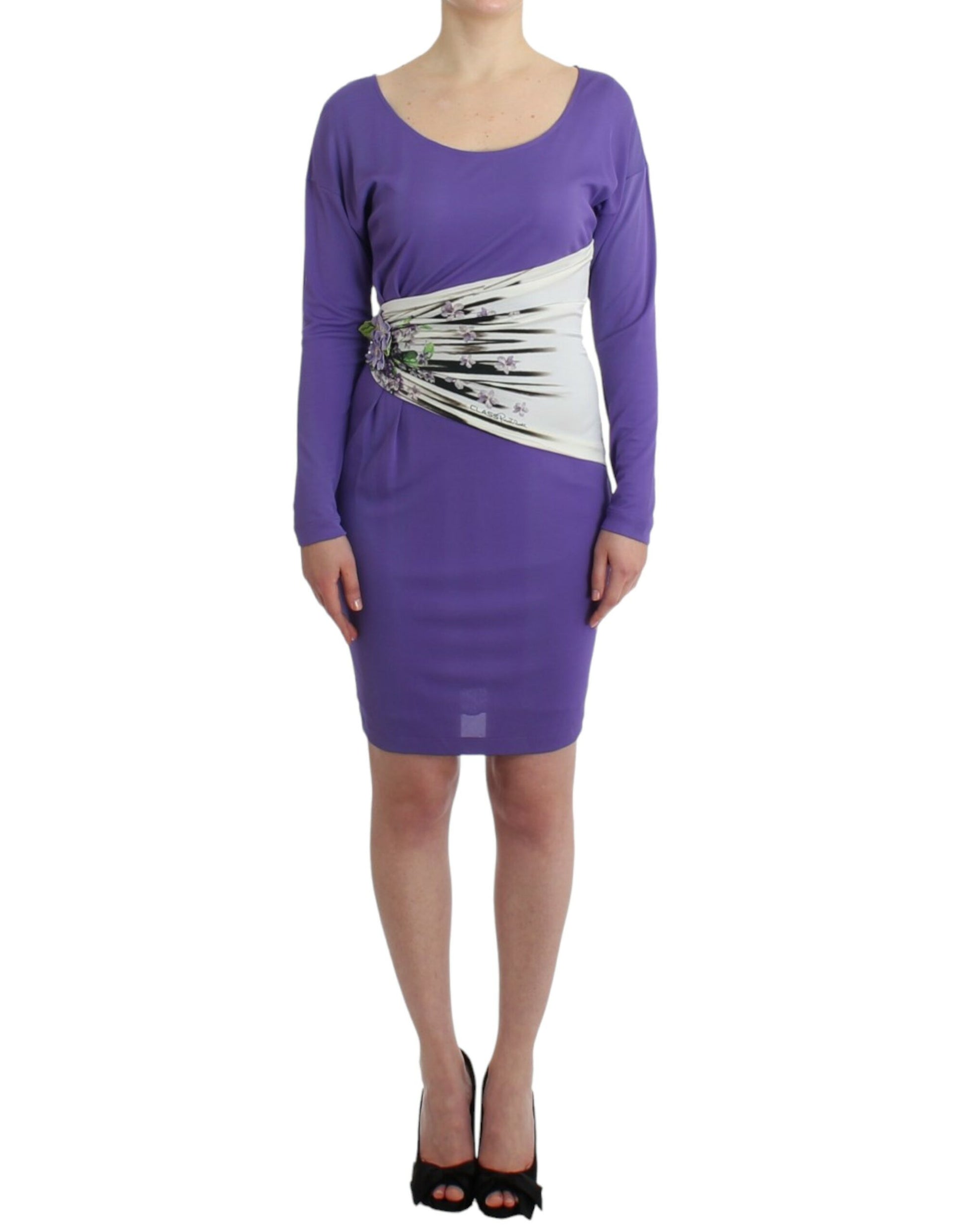 Vestido elegante de jersey con estampado floral morado de Cavalli