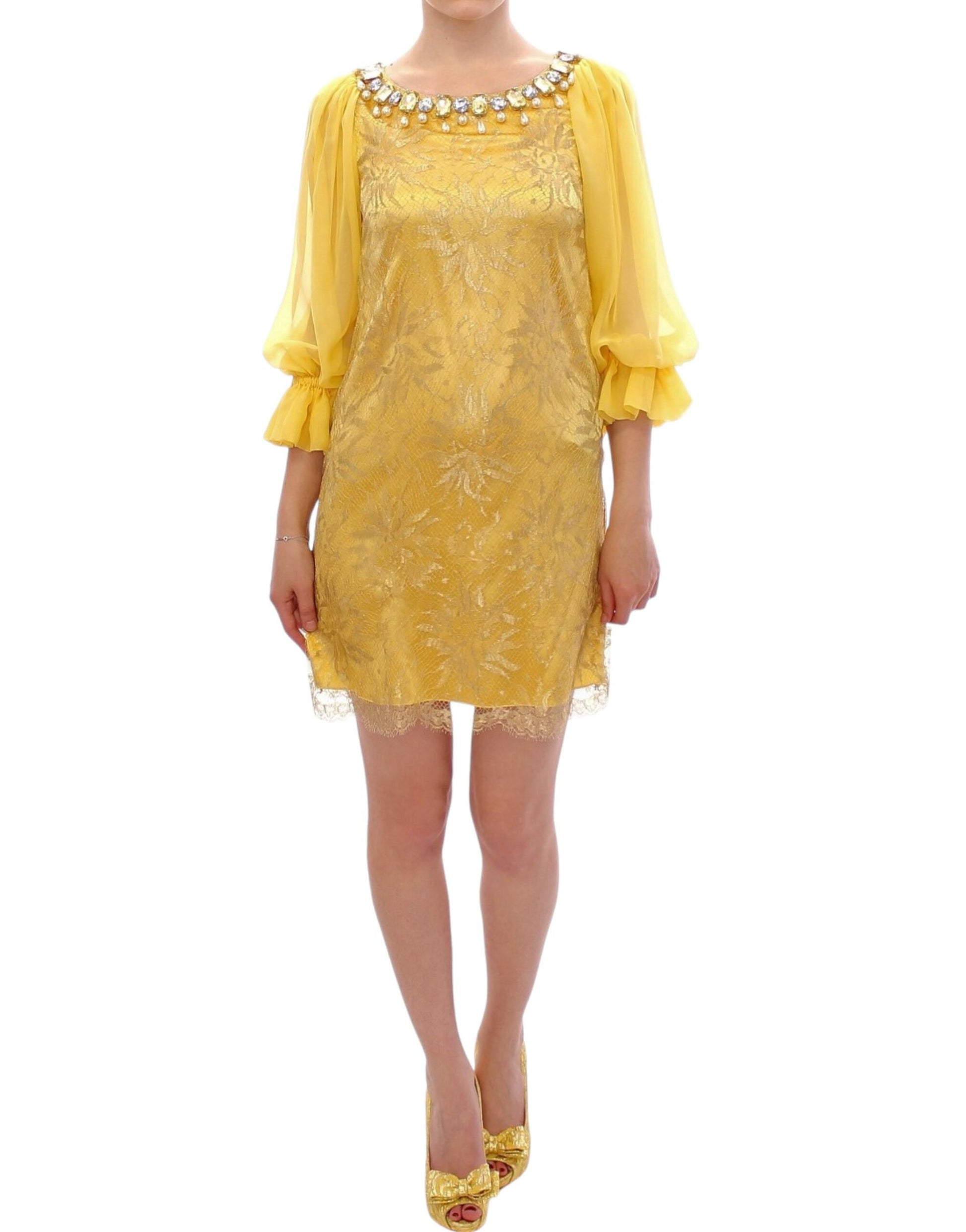 Dolce & Gabbana Yellow Lace Crystal Embellished Mini Dress