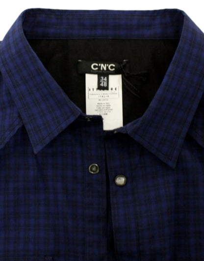 Camisa de algodón informal a cuadros azules elegante de estilo nacional