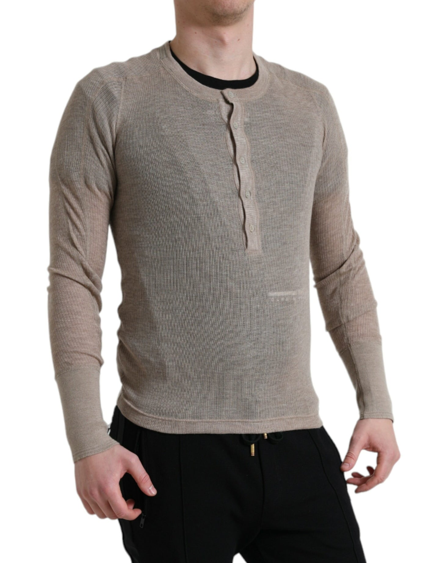 Suéter elegante de cachemira con cuello henley en color beige de Dolce &amp; Gabbana