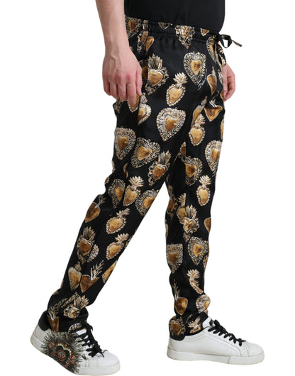 Pantalones de pijama de seda con estampado de corazones elegantes de Dolce &amp; Gabbana