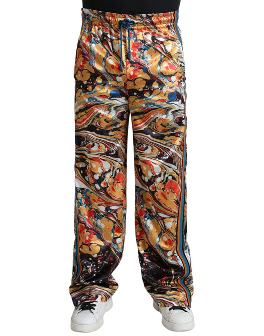 Pantalones deportivos elegantes de satén con diseño de mármol multicolor de Dolce & Gabbana