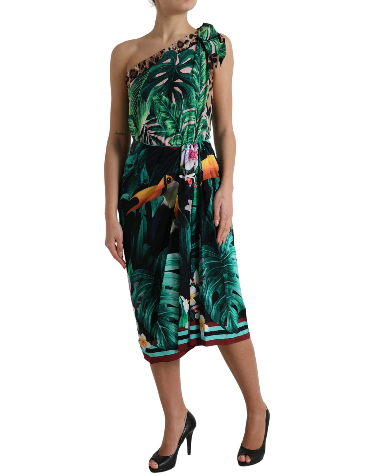 Vestido de un solo hombro con estampado de selva tropical de Dolce &amp; Gabbana