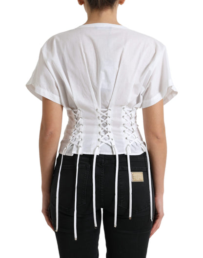 Dolce & Gabbana Elegant White Floral Lace-Up Blouse