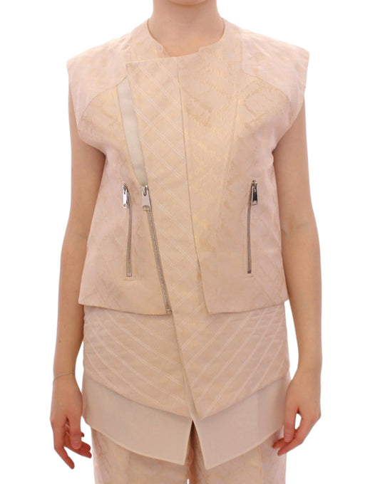 Chaqueta sin mangas con brocado beige exquisito de Zeyneptosun